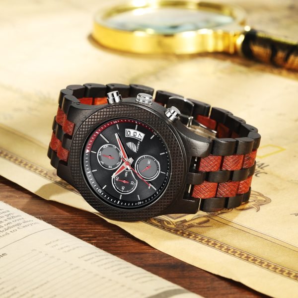 Reveler-Classic wood watch for men-Ebony+Red-46mm