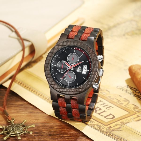 Reveler-Classic wood watch for men-Ebony+Red-46mm