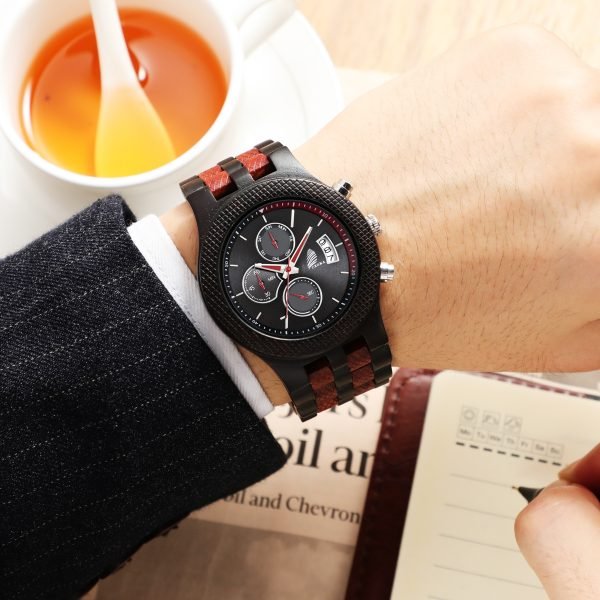 Reveler-Classic wood watch for men-Ebony+Red-46mm