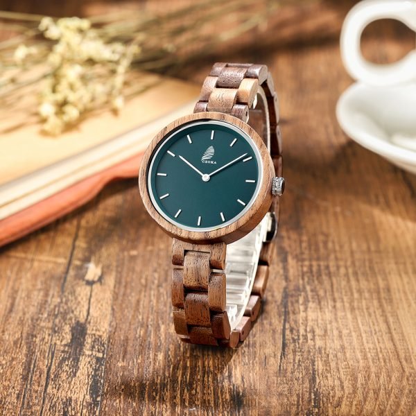 Nordic-CZOKA Walnut Women’s Watch – Green Dial, Minimalist Wooden Elegance-36mm