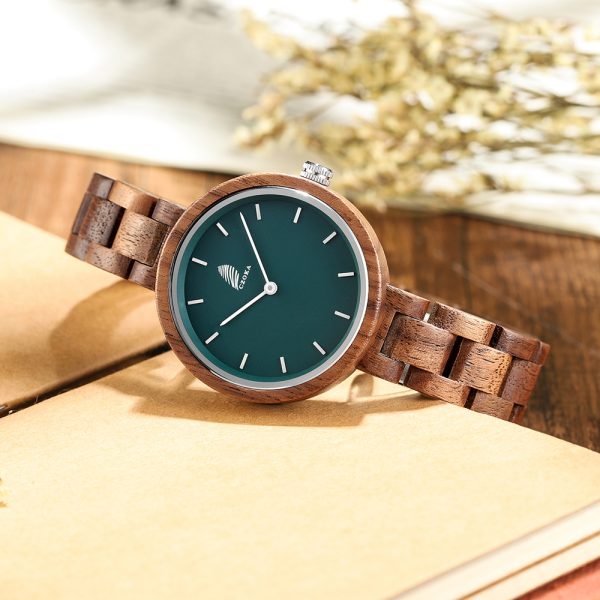 Nordic-CZOKA Walnut Women’s Watch – Green Dial, Minimalist Wooden Elegance-36mm